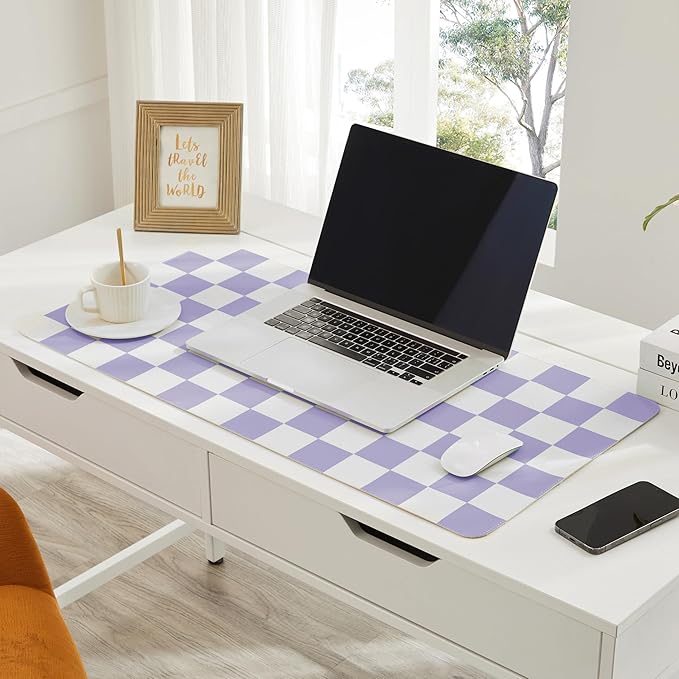 Ohocut Checkered Desk Mat, 31.5" x 15.7" Large Cute Purple Aesthetic Retro Girl Women Accessories, PU Leather Computer Laptop Mat Mouse Keyboard Pad, Desk Writing Makeup Mat for Vanity/Work/Home Decor