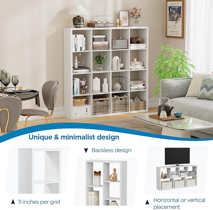 Jpiziso 16-Cube Storage Organizer Bookcase, Thick Frame Wood Grain Storage Shelf, Rectangular Cube Open Back Display Unit, 48.8x9.4x48.8 Inches for Living Room, Bedroom, Home Office, Embossed White