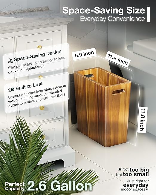 BLUEWEST 2.6 Gallons Wooden Wastebaskets – Solid Acacia Wood Trash Can with Handles, Rectangular Bin for Bathroom, Bedroom, Kitchen, Office – Brown Decorative Basket for Living Room or Under Counter