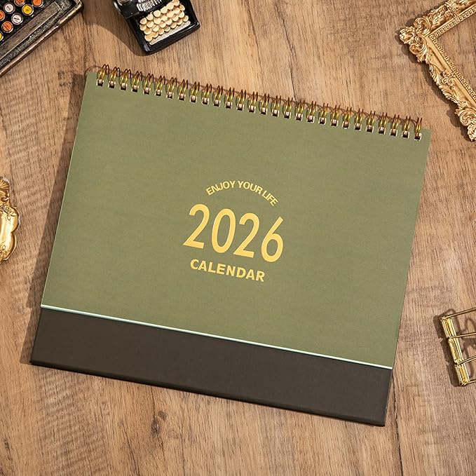 Large Desk Calendar 2026, 9.9" × 8.7" Standing Flip Desktop Calendar from Now to December 2026 - Metal Ring Twin-Wire Binding Monthly Desk Calendar for Home Office School (L-Green)
