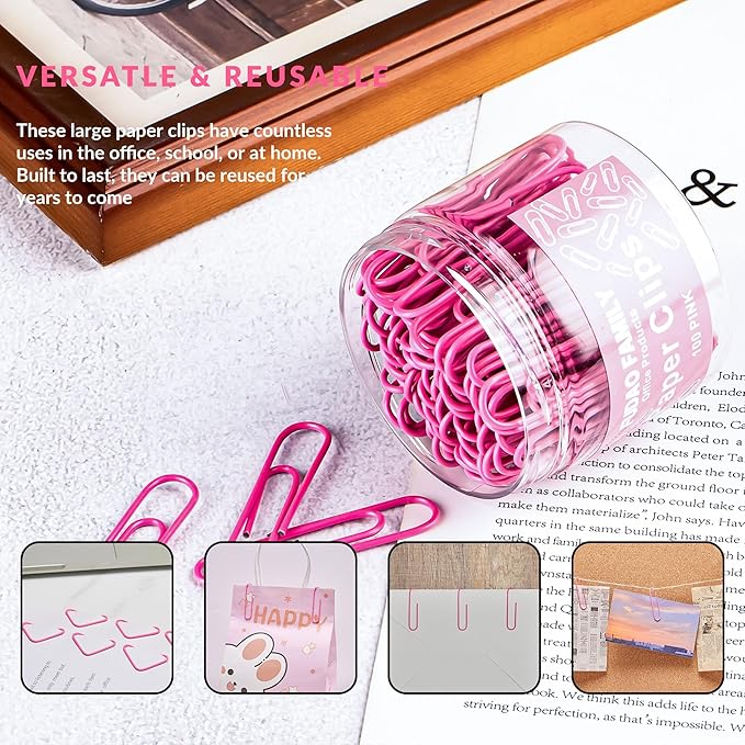 Jumbo Paper Clips, 2 Inch Large Paper Clip, 100 pcs Paperclips (Jumbo, Pink)