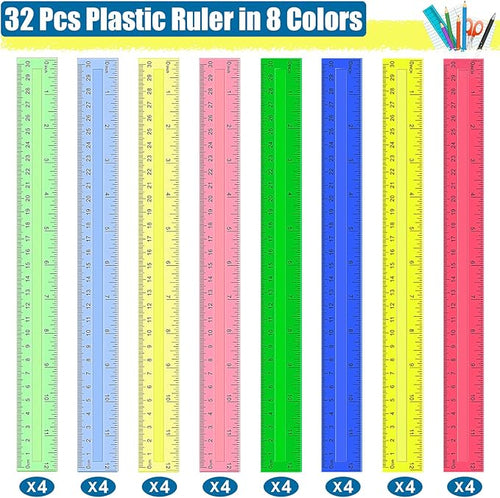 12 Inch Plastic Rulers, 32 PCS Transparent Assorted Color Metric Bulk Rulers with Inches Centimeters Millimeter. Measuring Drawing Tool for Kids, Ideal Back to School Office Home Supplies