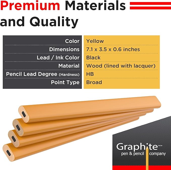 GRAPHITE Hard Lead Carpenter Pencils Bulk - (1) Pack of 12 Pieces Lumber Wooden Pencil #2 (HB) - Yellow