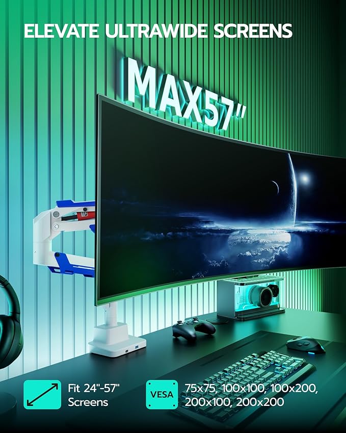 ARES WING CoreArm Single Monitor Mount with USB, Ultrawide Monitor Arm for 24 to 57'' Heavy Duty Curved Screen, Adjustable Gas Spring Monitors Arm Stand up to 66LBS with 75/100/200 Vesa Mount, White