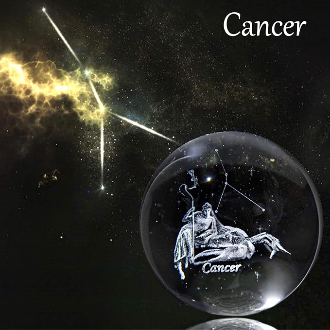 HDCRYSTALGIFTS Crystal 3D Constellation Crystal Ball 60mm Crystal Paperweight Full Sphere Glass Fengshui with Sliver-Plated Flowering Stand(Cancer)