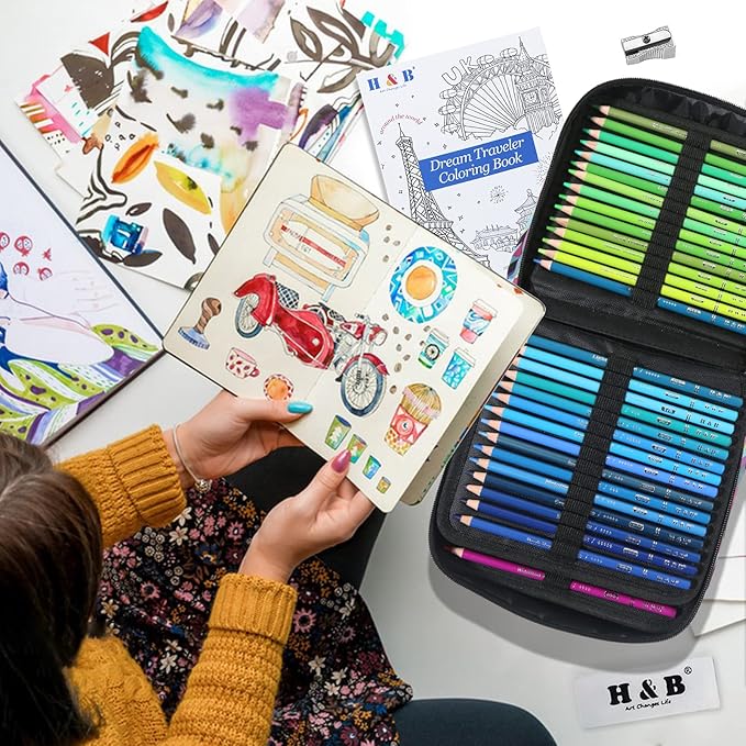 H & B 180 Colored Pencils Set, Art Pencil Kit for Adult Coloring,Oil Based Soft Core, Ideal for Coloring Sketching Shading,H & BArt Set for Teens Beginner Wooden Color Pencils