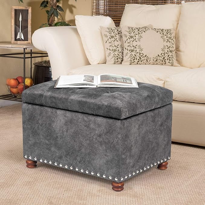 Decent Home 24" Storage Ottoman, Fabric Ottoman Foot Rest Stool with Hinged Lid, Tufted Rectangle Upholstered Footstool, Load Up to 350 lb, for Living Room, Bedroom, Dorm, Grey