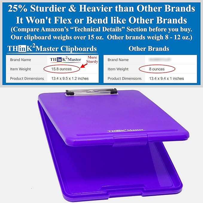 Think2Master Purple Plastic Storage Clipboard. | 25% Heavier & 25% Sturdier| Heavy Duty and Won’t Flex or Bend Like Other Brands (Compare The Weight). Storage Compartment Holds 150 Letter Sized Paper.
