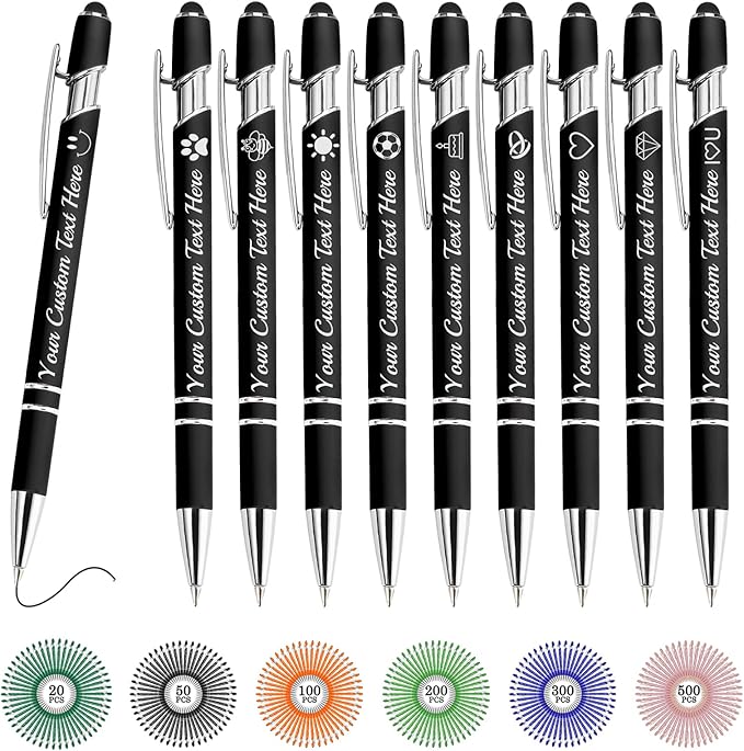 Custom Pens Bulk Personalized Ballpoint Pen with Stylus Tip Customized Engraved Pens with Name Logo Soft Black Ink with Touch Metal Office for Business Office Teacher School Corporate Gifts Black