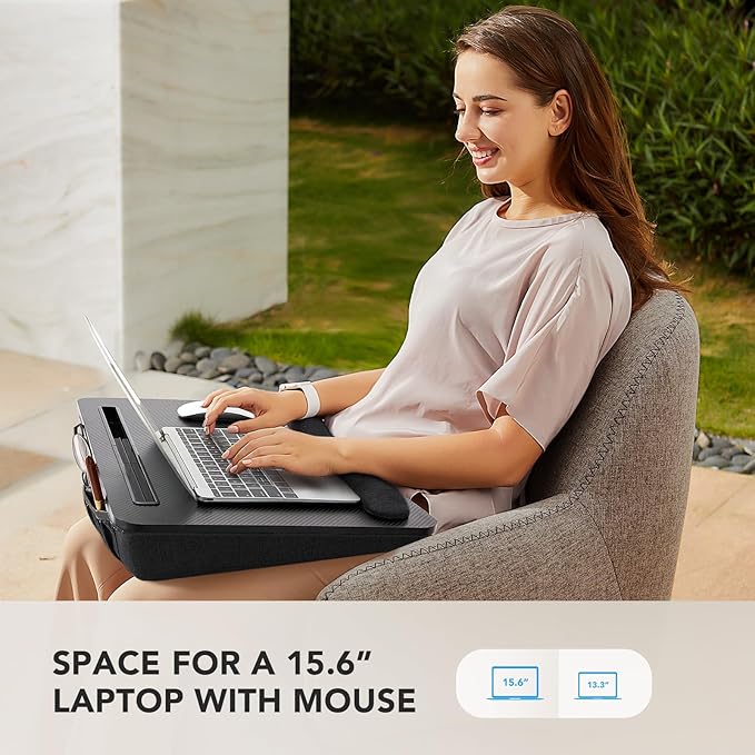 HUANUO Lap Laptop Desk - Portable Lap Desk with Pillow Cushion, Fits up to 17 inch Laptop, with Anti-Slip Strip & Storage Function for Home Office Students Use as Computer Laptop Stand, HNLD28B