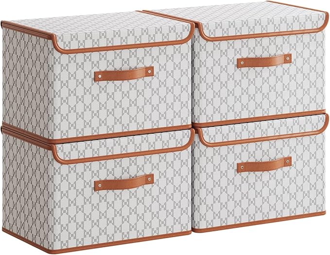 Tuza 4 Pack Fabric Storage Bins with Lids, Collapsible Closet Organizer Container, Decorative Storage Boxes with Lids for Organizing Clothes, Blanket, Grey & White, Medium