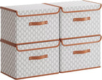 Tuza 4 Pack Fabric Storage Bins with Lids, Collapsible Closet Organizer Container, Decorative Storage Boxes with Lids for Organizing Clothes, Blanket, Grey & White, Medium