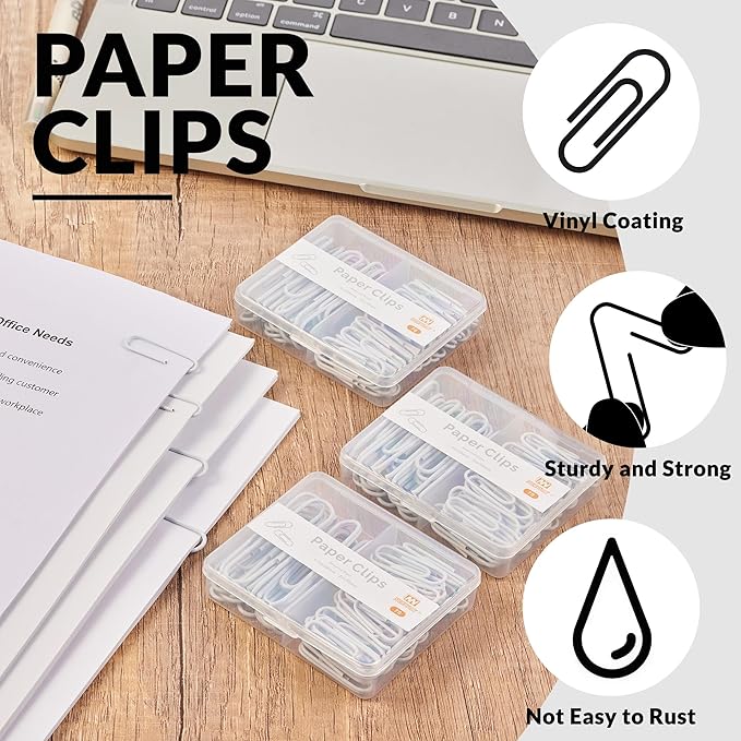 NEEWAY Colorful Paper Clips Assorted Sizes, Small and Large Paperclips, 210 Count, 3 Pack of 70 (White)