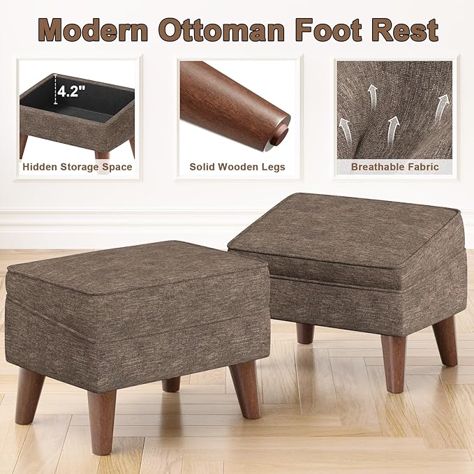 FAGAGA Small Footstool Ottoman with Adjustable Lid, Modern Storage Ottoman, Foot Rest for Couch, Foot Stool with Sturdy Wood Legs for Living Room, Bedroom, Enterway, Brown