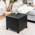 Adeco Modern Leather Ottoman with Wheels, 18.8" Black Square Rolling Ottoman with Storage, Upholstered Button Tufted Vanity Stool with Hinged Lid for Living Room, Bedroom, Dorm