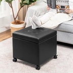 Adeco Modern Leather Ottoman with Wheels, 18.8" Black Square Rolling Ottoman with Storage, Upholstered Button Tufted Vanity Stool with Hinged Lid for Living Room, Bedroom, Dorm
