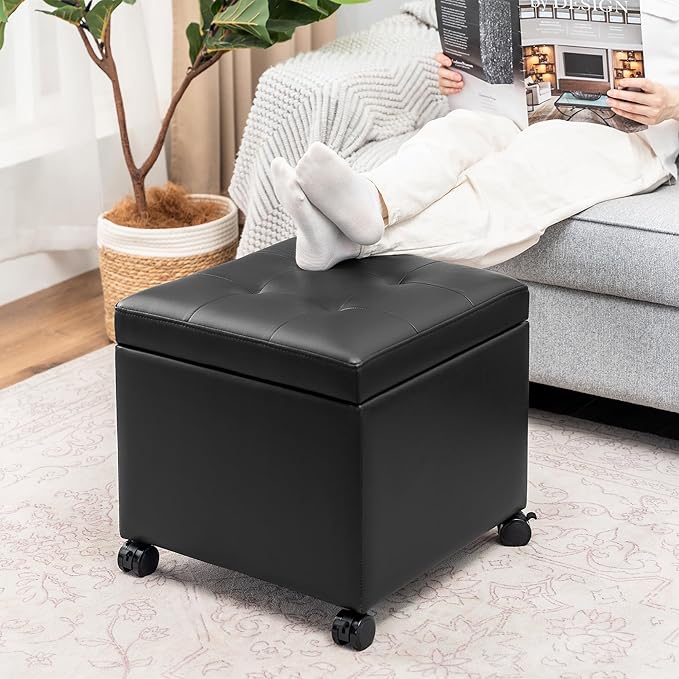 Adeco Modern Leather Ottoman with Wheels, 18.8" Black Square Rolling Ottoman with Storage, Upholstered Button Tufted Vanity Stool with Hinged Lid for Living Room, Bedroom, Dorm