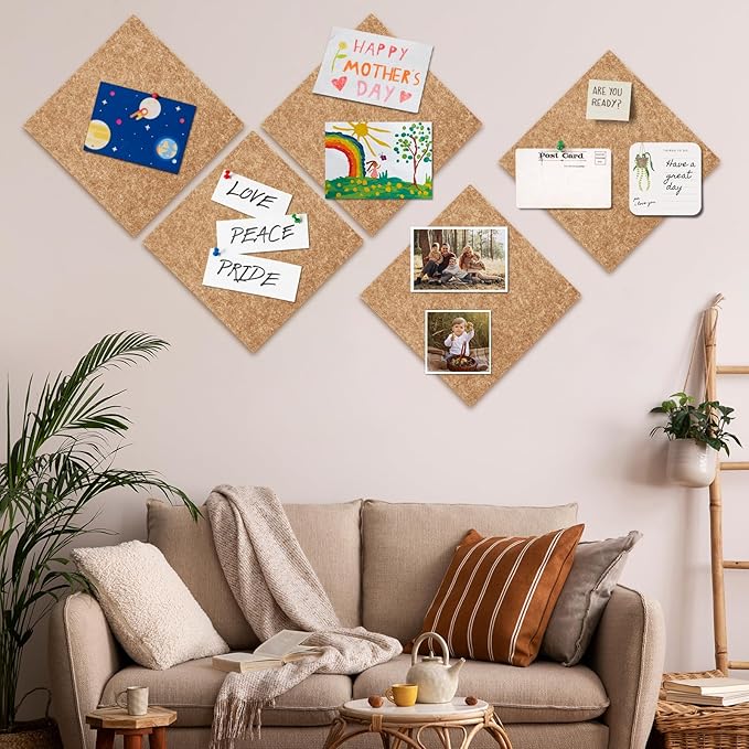 Bouiexye Felt Cork Board Tiles 6 Pack Grey Brown Boards 12"x12" - 1/2" Thick Corkboards for Wall Bulletin Board Self Adhesive with 100 Push Pins for Wall School Home Office