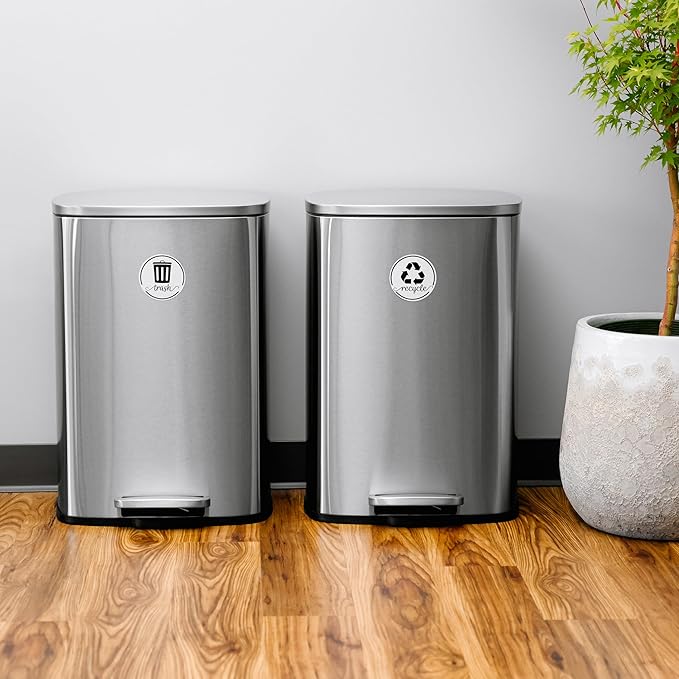 Strong Trash and Recycle Magnets, 3.5" Recycle Magnet for Trash Can, Magnetic Recycling Stickers for Kitchen Garbage Can and Recycling Bins with 4 Adhesive Stickers, Made in USA, White 2 Pcs
