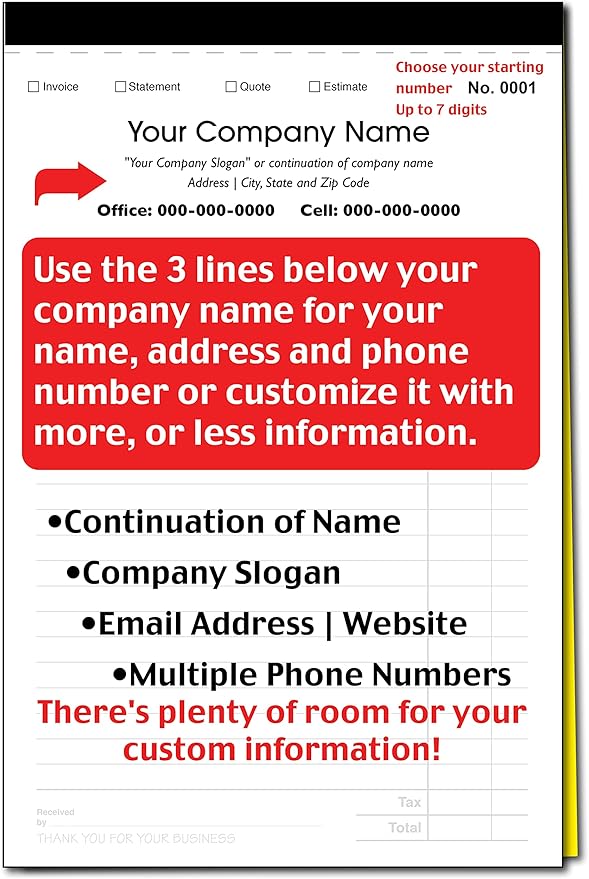 CH Printco Custom Sales, Invoice, Statement, Estimate, Quote, Personalized Multipurpose Duplicate Carbonless Form with Your Company Name - 2 Books (100 Sets) 5-1/2" Wide x 8-1/2" Tall.