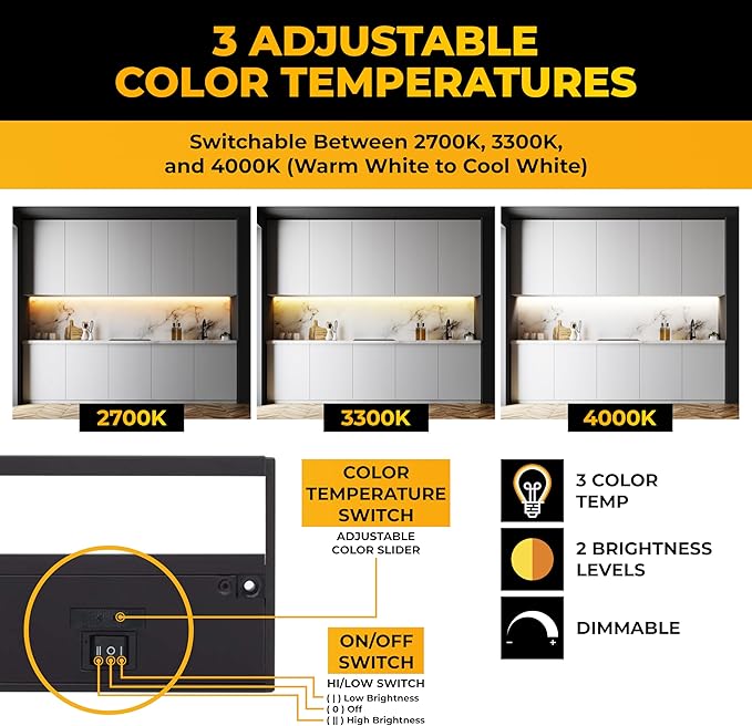 LED Under Cabinet Lighting Hardwired - 3CCT 12 Inch Black Finish - Undercabinet Lights for Kitchen - Linkable Undercounter Dimmable Plug in Light or Hard Wired - Under Counter Fixture Direct Wire