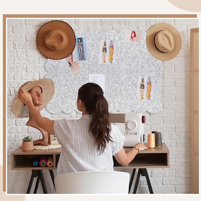 Mooliwe Scalloped Felt Bulletin Board 36 x 24 Inches Foldable Light Gray Pin Cork Board Alternative for Wall, 3' x 2' Trifold Picture Vision Self Adhesive Bulletin Decorative