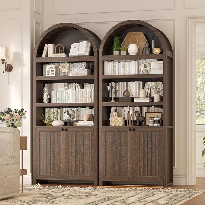 81" Tall Arched Cabinets,Bookcase with storage,Mid-Century Modern 6-Tier Bookshelf with Door,2 Book Risers and Adjustable Shelves offering more storage space for Living Room,Kitchen,Home Office,Walnut