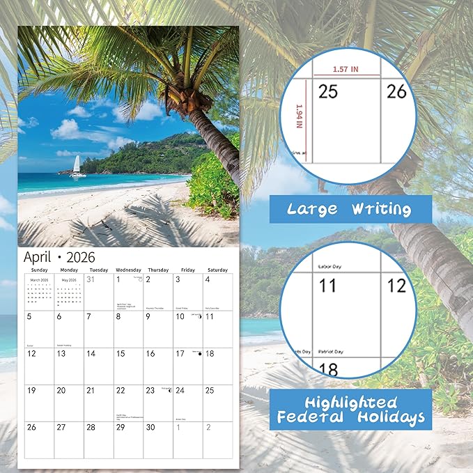 2026 Wall Calendar,Calendar 2026, November 2025 - December 2026, Wall Calendar Island Serenity, 12" x 24" Opened,Full Page Months Thick & Sturdy Paper for Gift Perfect Calendar Organizing & Planning