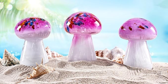 Hand Blown Glass Pink Mushrooms Paperweight for Birthday Gift,Home Decor Collectible,Garden Office Decor Lovers.