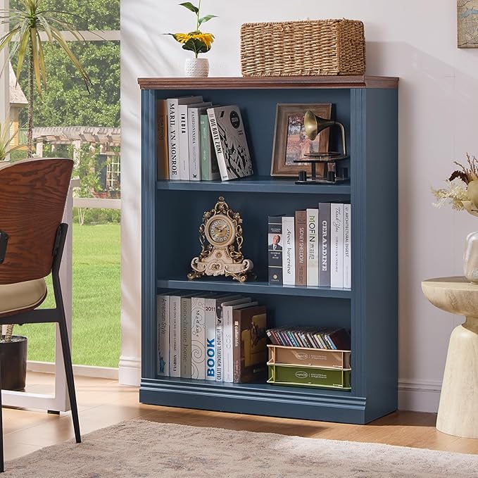 RWYHG 43" Blue Tall Bookshelf Set of 4,3-Tier Thick Wooden Book Shelf with Adjustable Shelves,Free Standing Farmhouse Bookcase with Open Display Storage,Floor Vintage Bookshelves for Living Room