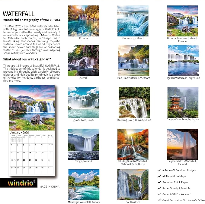 2026 Wall Calendar,Calendar 2026, November 2025 - December 2026, Wall Calendar Waterfall, 12" x 24" Opened,Full Page Months Thick & Sturdy Paper for Calendar Organizing & Planning