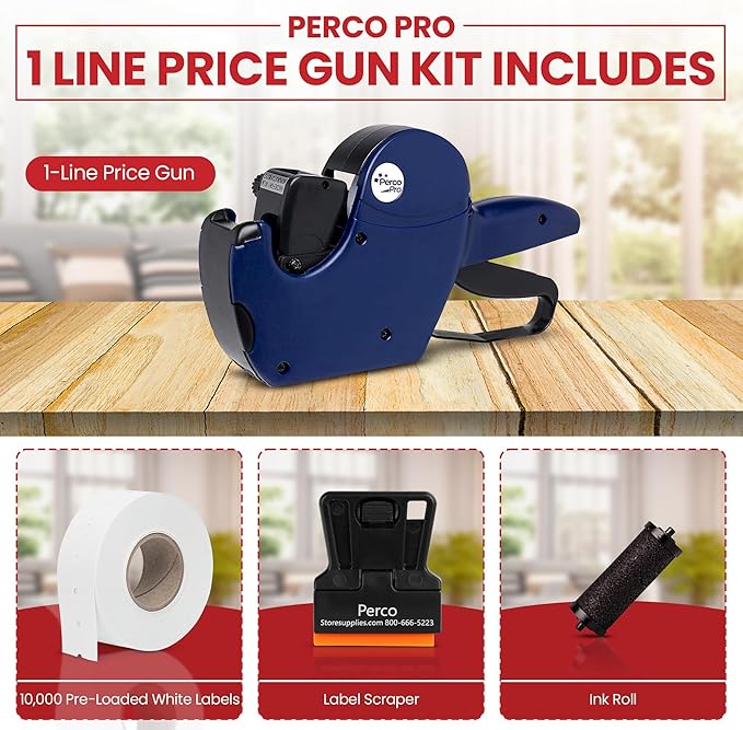 Perco Pro 1 Line Price Gun with Labels Kit, Includes 1 Line Pricing Gun, 10,000 White Labels, with Pre-Loaded Inker