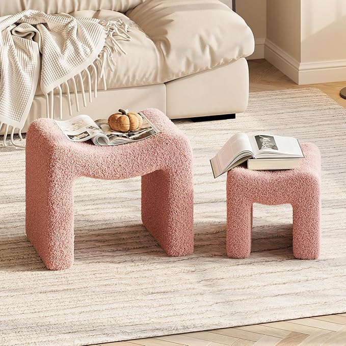 ZYKZYK Ottoman Set of 2, Plush Velvet Vanity Seats with Modern Foot Rest, Backless Stool Pair for Bedroom, Living Room & Makeup Dressing Table (2-in-1) Pink