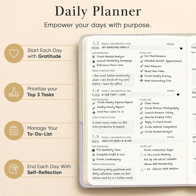 Mantra Planner 2026 Planner, Daily Journal & Gratitude Journal All-In-One with To Do List, Self Care Prompts & Habit Tracker - 5.8 x 8.3 - Evening