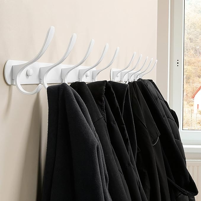 SKOLOO Modern Metal Wall Coat Rack with 5 Hooks, Pack of 2, Sturdy Wall Hook Rack for Hanging Coat, Jacket, Clothes, Hat, White
