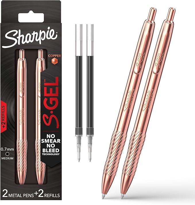 Sharpie S-Gel, Gel Pen, Copper Metal Body, Medium Point (0.7mm), Black Ink, Includes 2 Pens and 2 Additional Ink Refills
