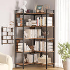 5 Tier Corner Bookshelf, Reversible Corner Shelf, Industrial Wooden Display Book Shelf Stand, L-Shaped Etagere Bookcase with Storage Shelves and Metal Frame for Living Room, Bedroom, Home Office