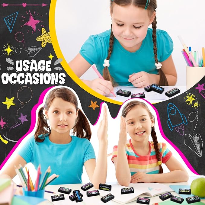 Dunzoom 100 Pcs Inspirational Pencil Erasers Bulk for Kids Fun Motivational Eraser School Supplies Back to School Office Supplies for Classroom Office Teacher Artists (Colorful Chalkboard)