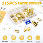 GOOLADA 315Pcs 5 Style Gold Push Pins, Decorative Push Pins, Cute Pushpin Clip, Push Pin Hooks, Gold Metal Thumb Tacks Office Accessories for Cork Board Map Office