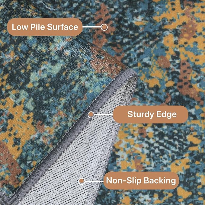 GENIMO Washable Area Rugs for Living Room, 10x14 Vintage Non Slip Rugs, Low Pile Lightweight Soft Print Rug for Bedroom, Dining Room, Home Office, Dark Blue Green