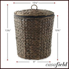 Casafield Water Hyacinth Trash Can with Lid and Liner - Espresso, Woven Waste Basket for Bathroom, Bedroom, Laundry Room, Home Office