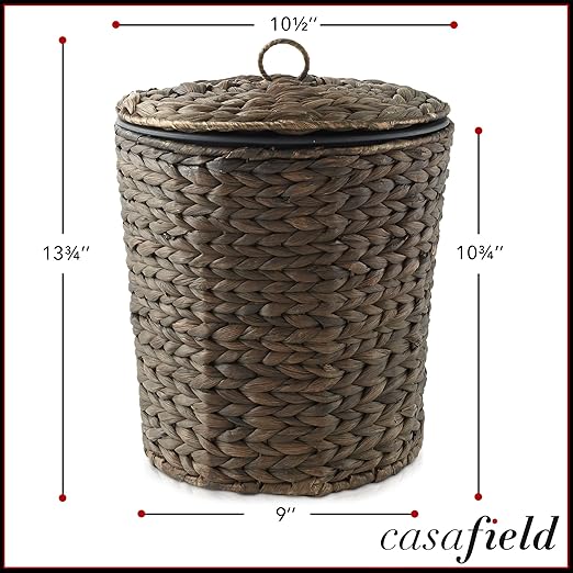 Casafield Water Hyacinth Trash Can with Lid and Liner - Espresso, Woven Waste Basket for Bathroom, Bedroom, Laundry Room, Home Office