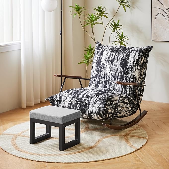IBUYKE 16 Inch Small Foot Stool Ottoman, Rectangle Linen Foot Rest with Padded Seat and Metal Legs, Modern Ottoman Foot Rest for Living Room Bedroom Entryway Couch, Grey-Blue WBD001L