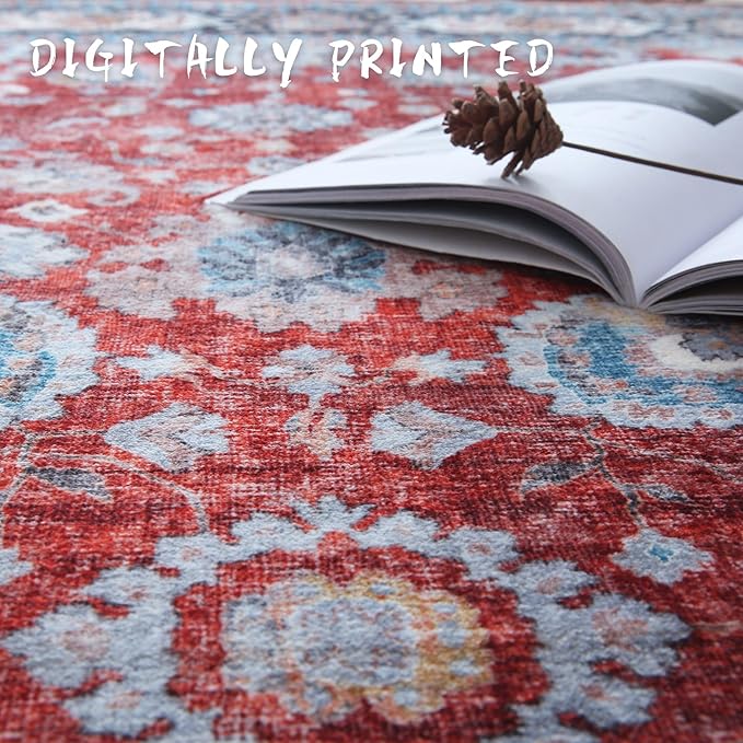 Rugcomf Runner Rug 2'x6' Hallway Rug Washable Boho Soft Area Rug Non-Slip Non-Shedding Faux Wool Vintage for Kitchen, Entryway, Laundry, Bedroom, Indoor (Red)
