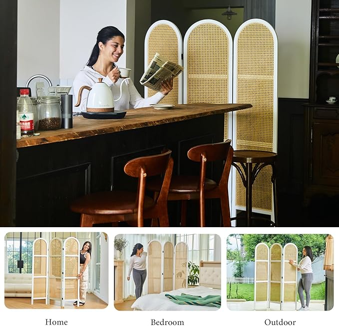 Svimi Room Dividers and Folding Privacy Screens, Pine Wood 5.6 Ft Double Hinged Rattan Partition Freestanding Wall Room Divider for Home - 3 Panels (White)