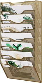 EasyPAG 8 Pocket Mesh Wall File Organizer, Hanging Paper Folder Holder with Classify Label, Vertical Wall Mount Mail Organizer for Office Home Classroom, Gold