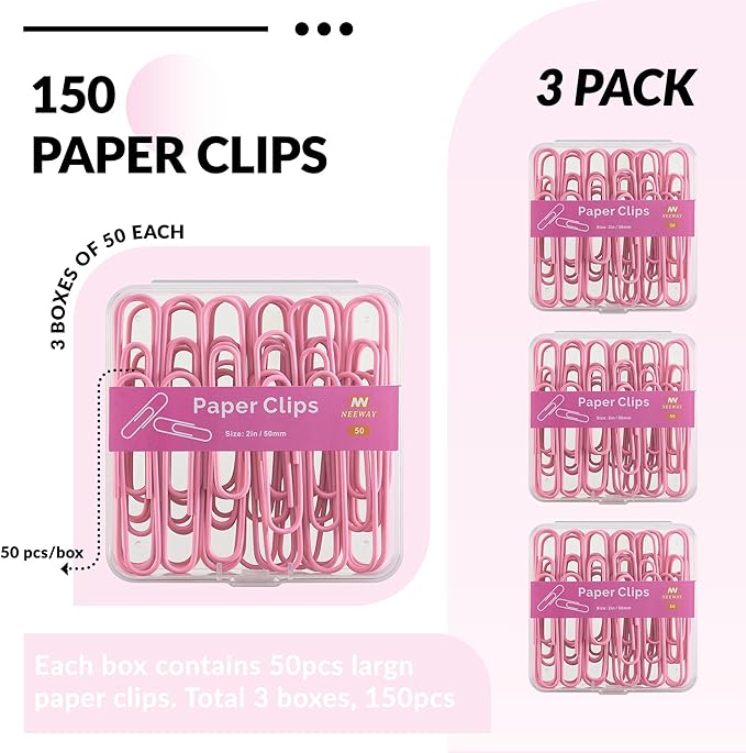 NEEWAY Colorful Large Paper Clips, 2 Inch Jumbo Paper Clips, 150 Count, 3 Pack of 50 (Rose Pink)