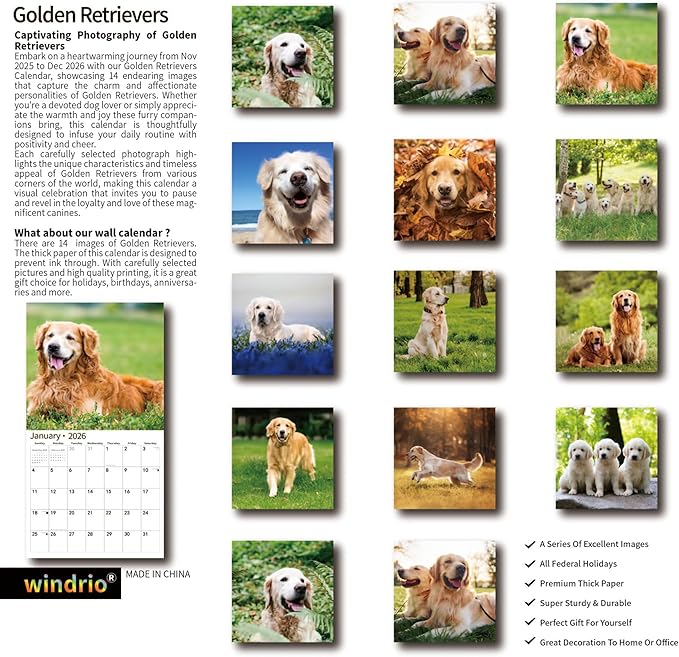 2026 Wall Calendar,Calendar 2026, November 2025 - December 2026, Wall Calendar Golden Retrievers, 12" x 24" Opened,Full Page Months Thick & Sturdy Paper for Calendar Organizing & Planning