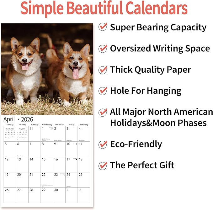 2026 Wall Calendar,Calendar 2026, November 2025 - December 2026, Wall Calendar Corgis, 12" x 24" Opened,Full Page Months Thick & Sturdy Paper for Gift Perfect Calendar Organizing & Planning