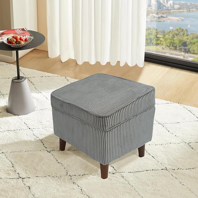 FAGAGA Storage Ottoman with Adjustable Lid, Soft Step Stool, Footrest and Seat, Ottoman Foot Rest for Living Room, Bedroom, Dorm, Light Gray